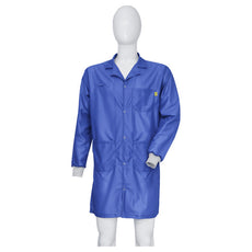 Tecstat LR 95% Poly, 5% Carbon Fiber Stretchable Royal Blue ESD Smock, Knee Length, Lapel Collar, Snaps in Front, Knit Cuffs, LG - ESM-AL24_I2-T4