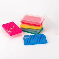 Reversible Rack with Cover for Microcentrifuge Tubes, 96-Place for 1.5mL and 2.0mL and Reverse Side is 96-Place for 0.2mL and 0.5mL Tubes, Orange, 5/Pack-456355N